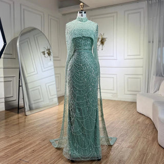 Luxurious Dubai Arabian Nude Mermaid Evening Dress with Long Cape - Elegant Gown for Women's Wedding Party 2024