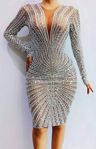 Ships in 1 to 3 Days - Spectacular Silver Crystal Long-Sleeve Bodycon Dress