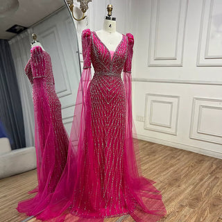 Ships in 2 to 5 Days - Fuchsia Mermaid Evening Gown with Cape Sleeves and Beaded Embellishments for Formal Occasion