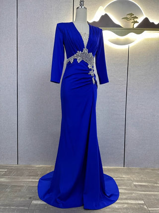 Majestic Sapphire Gown with Crystal Floral Accents and Elegant Draping