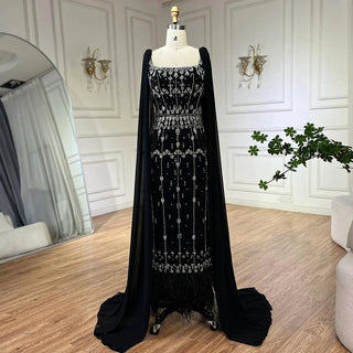 Ships in 1 to 3 Days - Bling Gray Mermaid Arabic Evening Dress with Cape Feather: Prom Formal Attire for Women's Wedding Party