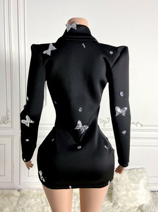 Ships in 1 to 3 Days - Elegant Deep V-Neck Blazer Dress with Butterfly Embellishments