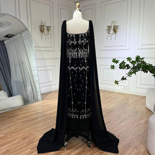 Ships in 1 to 3 Days - Bling Gray Mermaid Arabic Evening Dress with Cape Feather: Prom Formal Attire for Women's Wedding Party