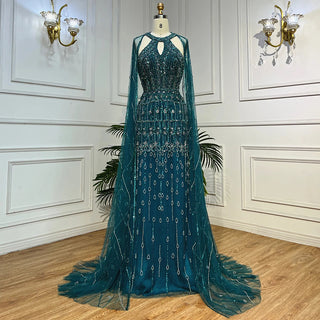 Mermaid Elegant Cape Sleeves Beaded Luxury Evening Dress Gown For Women: Arabic Party 2024