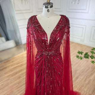 Ships in 1 to 3 Days – Dubai's Luxe Elegance: Sage Green Evening Dresses with Cape, Fuchsia Crystal, and Gold Accents for Women's Weddings and Formal Parties (2024)