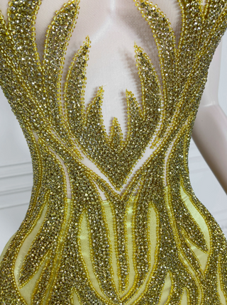 Golden Sequin Fitted Gown with Dramatic Train and Open Back