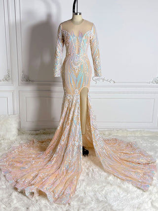 Ethereal Sheer Mermaid Gown with Iridescent Sequins and High Slit