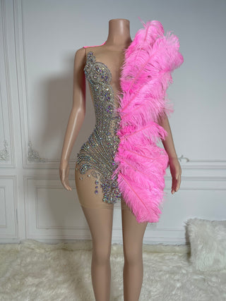 Ships in 1 to 3 Days - Glamorous Feather Embellished Mini Dress with Intricate Beadwork