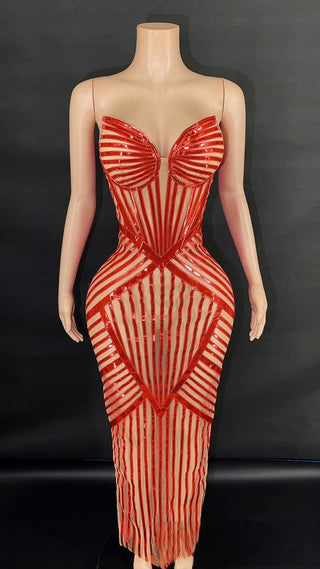 Sculpted Illusion Corset Gown with Sequined Geometric Detailing