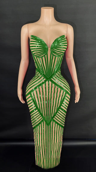 Sculpted Illusion Corset Gown with Sequined Geometric Detailing