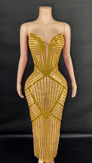 Sculpted Illusion Corset Gown with Sequined Geometric Detailing