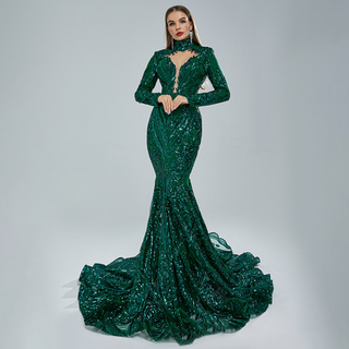 Emerald Green Sequin-Embellished Mermaid Gown with High Neck and Dramatic Train