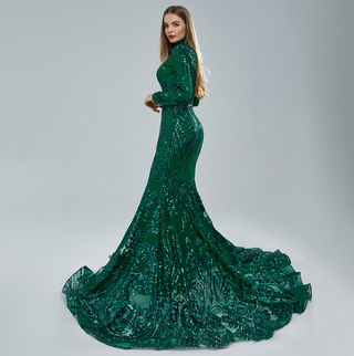 Emerald Green Sequin-Embellished Mermaid Gown with High Neck and Dramatic Train