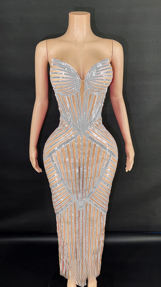 Sculpted Illusion Corset Gown with Sequined Geometric Detailing