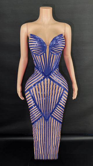 Sculpted Illusion Corset Gown with Sequined Geometric Detailing