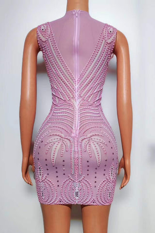 Elegant Sleeveless Pink Mini Dress with Intricate Bead Embellishments