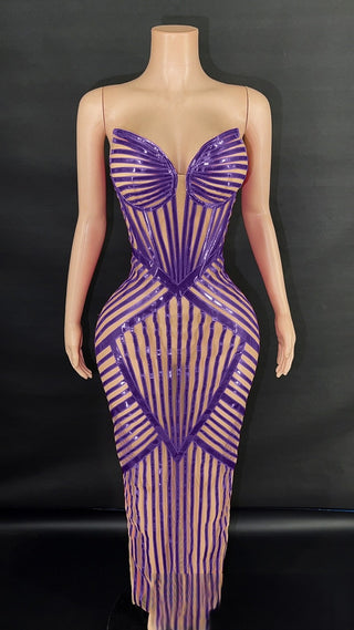 Sculpted Illusion Corset Gown with Sequined Geometric Detailing