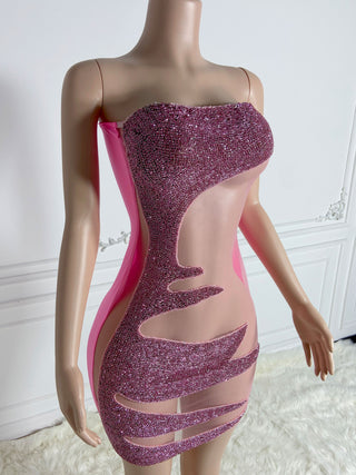 Daring Pink and Glitter Mini Dress with Sheer Cutouts