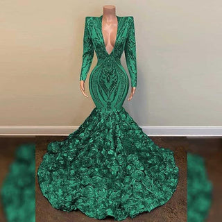 Emerald Grandeur Deep V-Neck Gown with Long Sleeves and Rosette Skirt