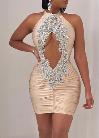 Nude Satin Mini Dress with Dazzling Beaded Neckline