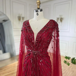 Ships in 1 to 3 Days – Dubai's Luxe Elegance: Sage Green Evening Dresses with Cape, Fuchsia Crystal, and Gold Accents for Women's Weddings and Formal Parties (2024)