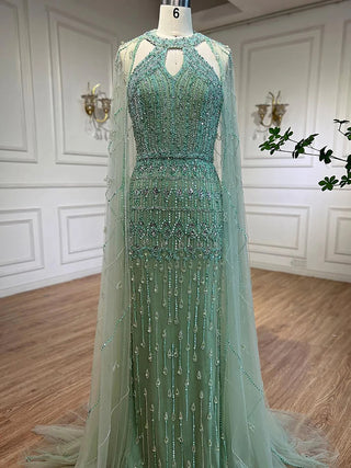 Mermaid Elegant Cape Sleeves Beaded Luxury Evening Dress Gown For Women: Arabic Party 2024