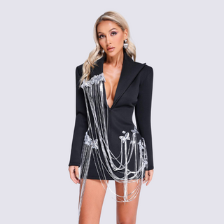 Luxurious Deep V-Neck Blazer Dress with Dramatic Tassel Embellishments