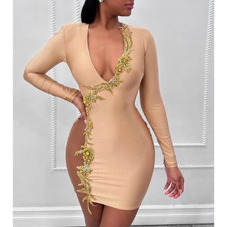 Plunging Long-Sleeve Embellished Bodycon Mini Dress