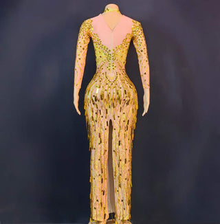 Opulent High-Neck Sheer Gold Beaded Gown with Fringe Details