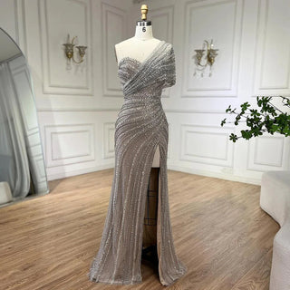 2024 Green Mermaid High Split One Shoulder Beaded Evening Dress: Gowns for Women's Wedding Party