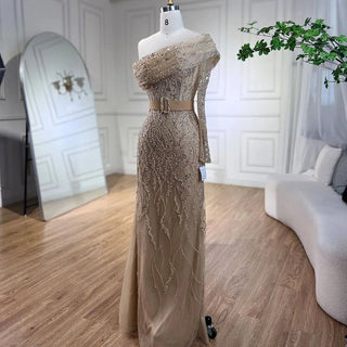 Ships in 1 to 3 Days - Arabic Nude Mermaid Evening Gown: One-Shoulder Beaded Luxury Dubai Design for Women's Wedding Party