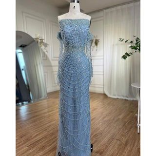 2024 Arabic-Inspired Blue Strapless Mermaid Gown: Beaded Detailing for Women's Formal Evening Events