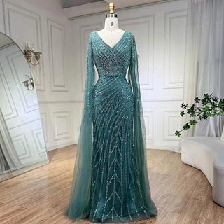 Ships in 1 to 3 Days – Arabic Mermaid Blue Beaded Elegant Cape Sleeves Luxury Evening Dress Gown for Women Wedding Party 2024