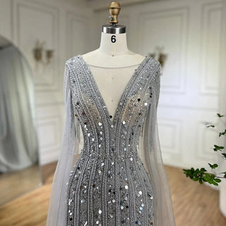 Arabic Charcoal: 2024 Gray Mermaid Evening Dress with Elegant Cape Sleeves - Luxury Beaded Gown for Women's Wedding Party