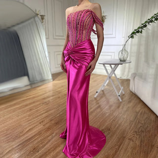 2024 Fuchsia One Shoulder Side Slit Mermaid Luxury Dubai Evening Gown Beaded Dress for Women's Party