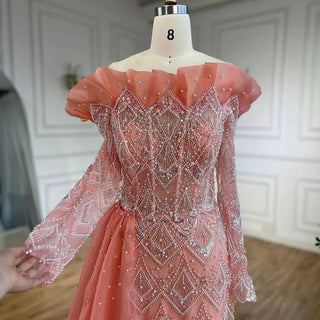 Elegant Arabic Peach Mermaid Evening Gown with Pearl and Beaded Detailing