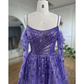 Arabic Purple Spaghetti Strap A-Line Dubai Evening Dress 2024 with Long Sleeves, Beaded Luxury - Ideal for Special Occasions