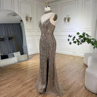 Silver Nude Mermaid Split Strap Evening Dress: Spaghetti Strap, Beaded Prom Gown for Women's Party 2024