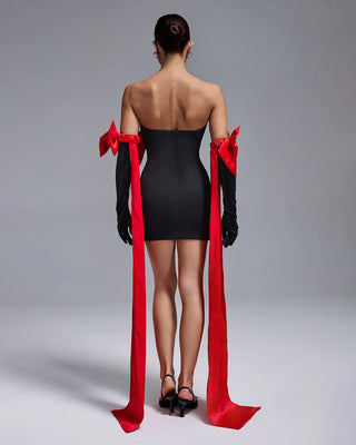 Sexy Strapless Black Bodycon Club Dress - Short Party Dress with Red Bow Gloves for Women