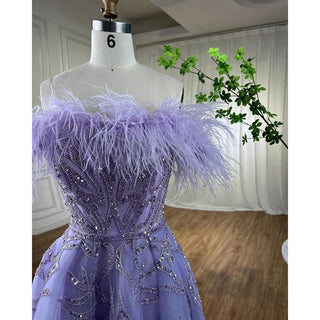 Ships in 1 to 3 Days - Arabic Lilac Dreams: 2024 A-Line Ankle-Length Evening Gown - Luxury Beaded Feather Dress for Women's Wedding Party