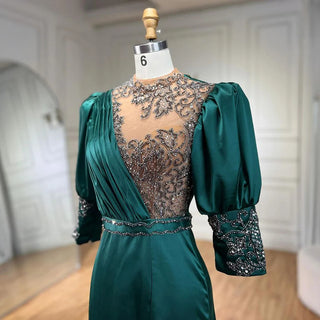 Ships in 1 to 3 Days - 2024 Green Satin Three Quarter Mermaid Evening Dress: Elegant Lace Beaded Gown for Women's Wedding Party