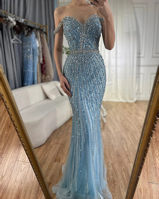 2024 Blue Mermaid Prom Gown with Beaded Detailing - Luxury Saudi Evening Dress for Formal Occasions