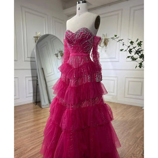 Fuchsia A-Line Elegant Sweetheart Off-Shoulder Tiered Beaded Evening Dress: 2024 Prom Gown for Women's Party