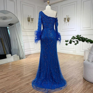 Ships in 1 to 3 Days - Blue Mermaid Elegant One-Shoulder Beaded Feathers Luxury Evening Dress Gown for Women's Wedding Party 2024