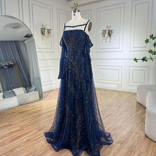 Arabic Navy Blue A-Line Spaghetti Strap Beaded Long Evening Dress - Elegant Party Gown for Women 2024