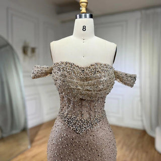 Dubai Arabian Elegance: 2024 Nude Mermaid Evening Gown - Luxury Beaded Dress with Pearls for Women's Wedding Party