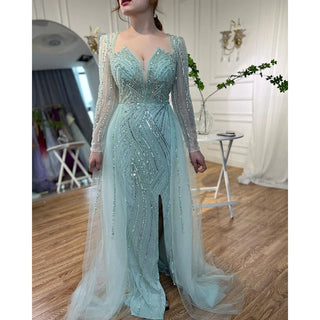 Arabic Turquoise Mermaid Evening Gown 2024: Beaded Open Split for Women's Wedding Party