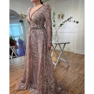 Dubai Dreams: Luxury Pink Overskirt Evening Dress with Long Sleeves, Ideal for Elegant Plus Size Women at Weddings and Formal Parties.