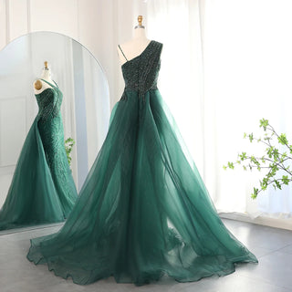 Luxury Emerald Green Evening Dress with Overskirt - Elegant One-Shoulder Women's Wedding Party Prom Formal Gown