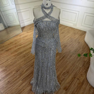 Ships in 1 to 3 Days - 2024 Arabic Gray Decorative Halter Mermaid Luxury Dubai Evening Gown Beaded Dress for Women's Party